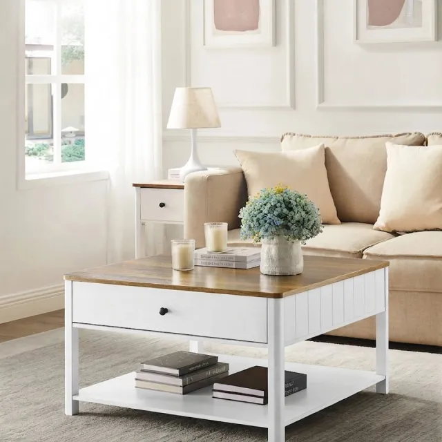 Archi Salontafel – Vierkante Tafel – Bijzettafel - 2 Grote Lades – Open Opbergvak – Maritieme Stijl – Walnoot/Wit – 80 × 80 × 45 cm Wit/Bruin