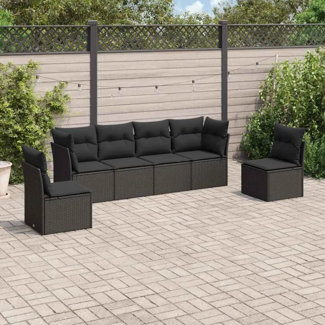 vidaXL 6-delige Loungeset met kussens poly rattan zwart, foto 2