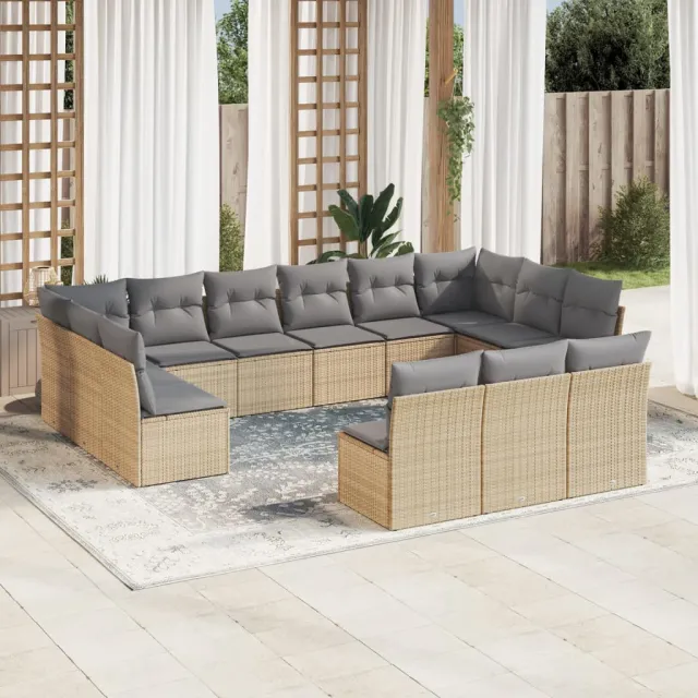 vidaXL 13-delige Loungeset met kussens poly rattan beige, foto 2