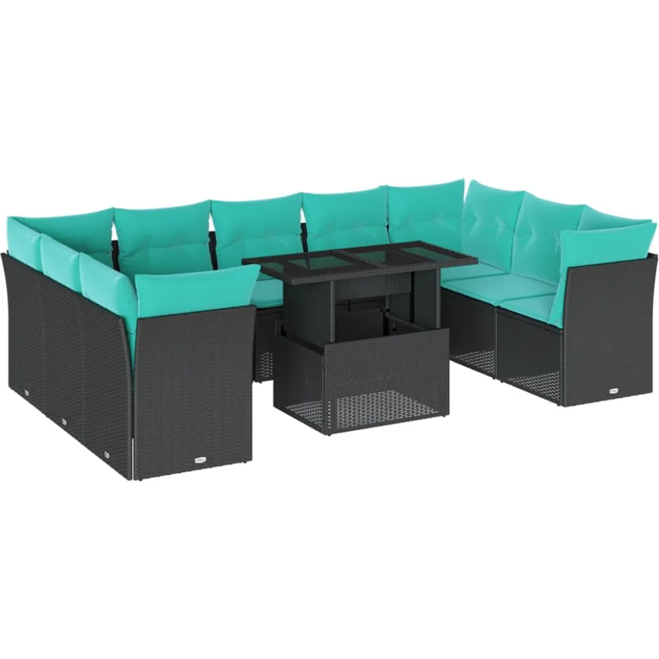vidaXL 10-delige tuinbankset met kussens van zwart polyrotan, foto 3