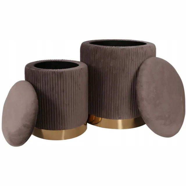 Furnitex Serie - Set van 2 Ronde Fluweelzachte Poefs - Grijs - Met Opbergruimte Grijs;Goud