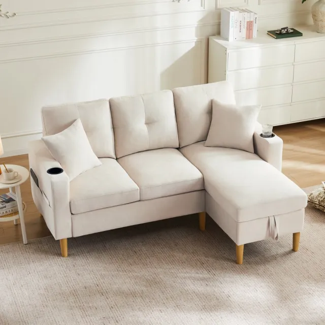 Welltin Hoekbank - sofo - Hoekbanken - L-vormige bank - 3-zitsbank - chaise longue - opbergruimte - geïntegreerde bekerhouder - inclusief 2 kussens - geschikt voor woonkamer, kantoor, appartement - Beige