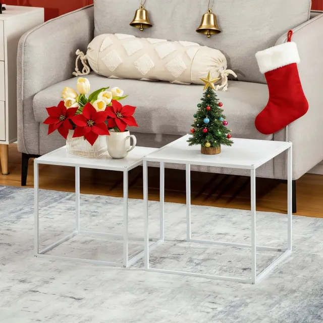 REDOM 2-delig bijzettafelset – modern vierkant design, wit stalen frame, nestbaar, 40/35 cm, 10 kg draagkracht