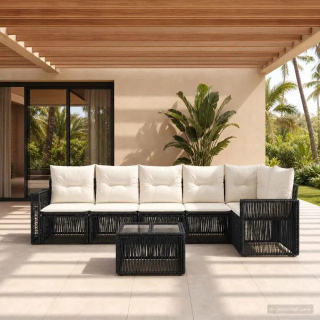 vidaXL Tuinbankenset 7 st Zwart en Cream Wit poly rattan, foto 2