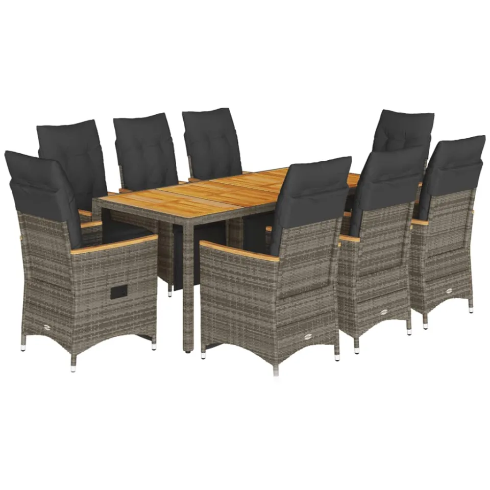 vidaXL 9-delige Bistroset met kussens poly rattan grijs, foto 3
