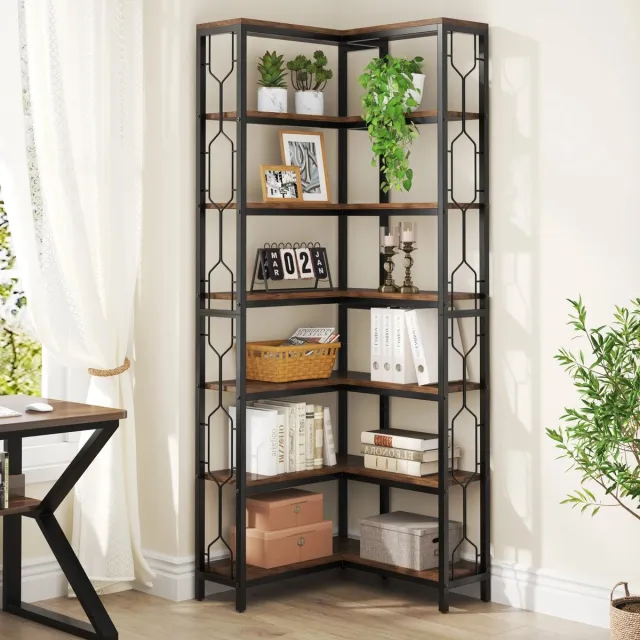 Questyr Hoekplank - 7-laags Industriële - 7-laags Industriële - Houten En Metalen Etagere Boekenkast In De Hoek - Vrijstaande Displayplank zwart