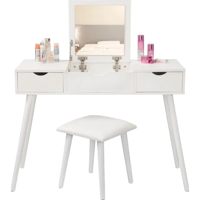 Hanimo Set Kaptafel Wit - Kaptafel Met Opvouwbare Spiegel - 2 Lades - Witte Kruk - Cosmetische Make-Up Tafel - Voor Slaapkamer - Wit - 100x40x75cm