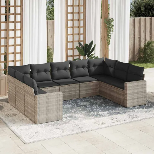 vidaXL 9-delige Loungeset met kussens poly rattan lichtgrijs grijs
