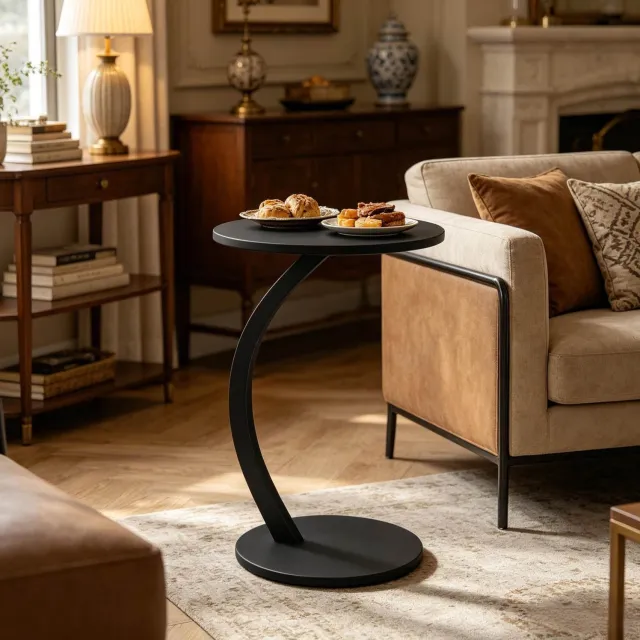 MEUNIQ ronde bijzettafel met C-vormig metalen frame, tafelblad Ø 40 cm, hoogte 64,5 cm, voor naast de bank of het bed, zwart