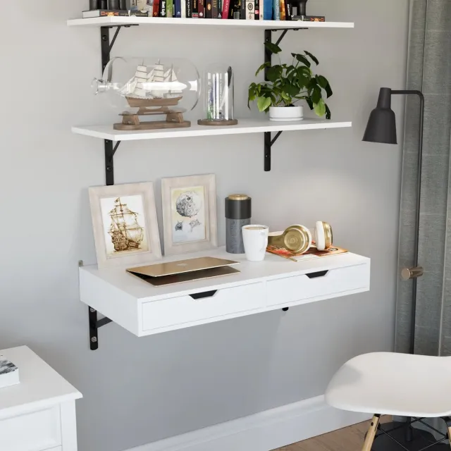 DHN Laptoptafel - Wand gemonteerde tafel - wandbureau met 2 lades - laptoptafel 80x40x40 cm hangtafel - Bijzettafel muur gemonteerd - Wit