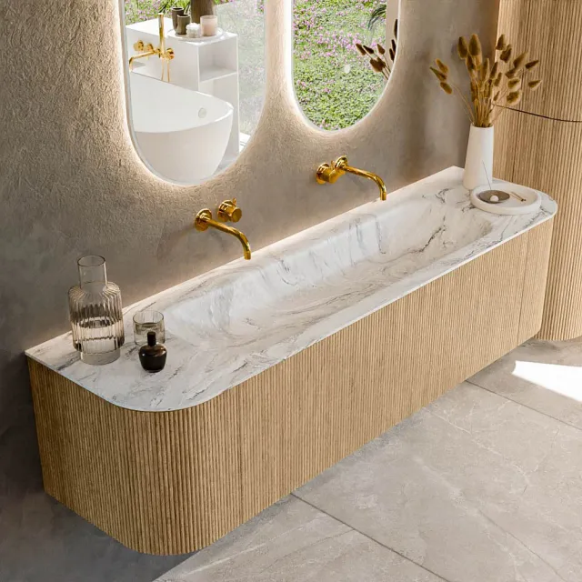 Mondiaz KURVE-DLUX 170 cm Onderkast Greeploos 1 Lade Met Deuren Oak, Wastafel Solid Surface Midden Glace 0 Kraangaten Zonder Spiegel (KRVBGL170L+R1L2D0KM-Oak/Gla)