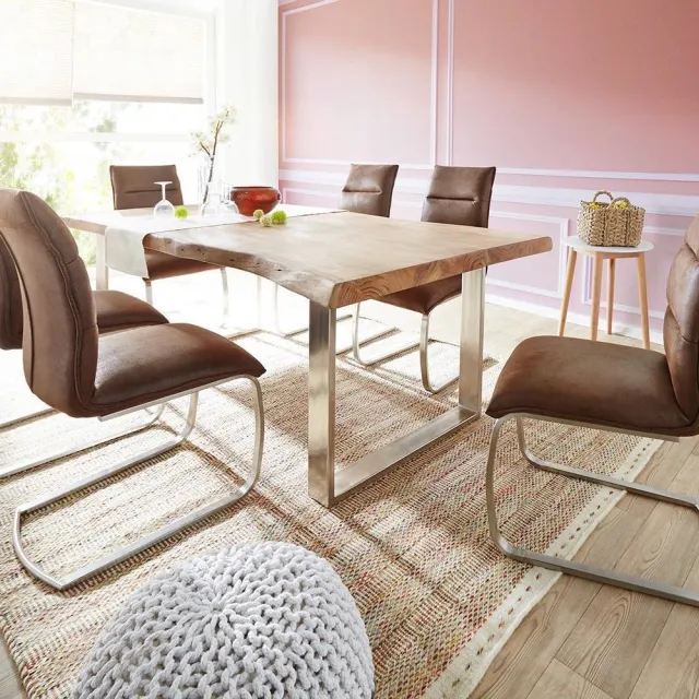 DELIFE Eettafel Edge acacia natuur 200x100 XL edelstaal smal Live-Edge Bruin