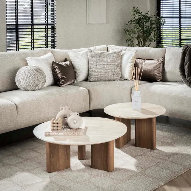 Nest of Nora Salontafel Sorell - Ronde salontafelset van 2 - Keramiek travertin Gebroken wit