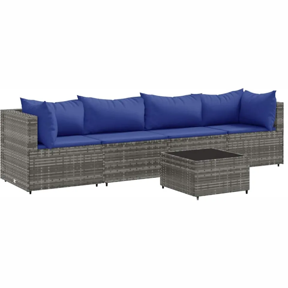 vidaXL 5-delige Loungeset met kussens poly rattan grijs