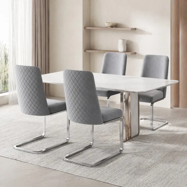 COVREO Eetkamerstoel set van 2 88 cm - grijs velvet, zilverkleurig metalen onderstel, met armleuningen