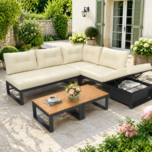 Zubaliya Lounge-Set - 190×190 cm - met verstelbare rugleuning - inclusief kussens - UV-bestendig - weerbestendig - kleur beige - metaal - hout