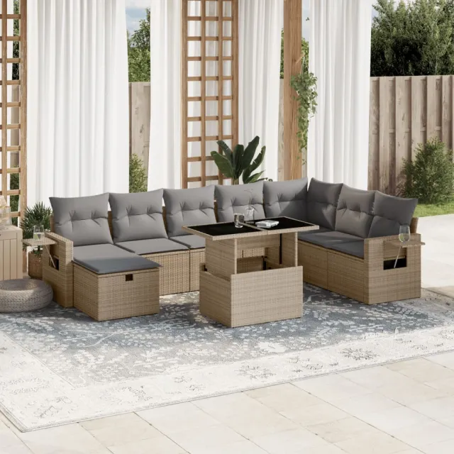 vidaXL 9-delige Loungeset met kussens poly rattan beige, foto 2