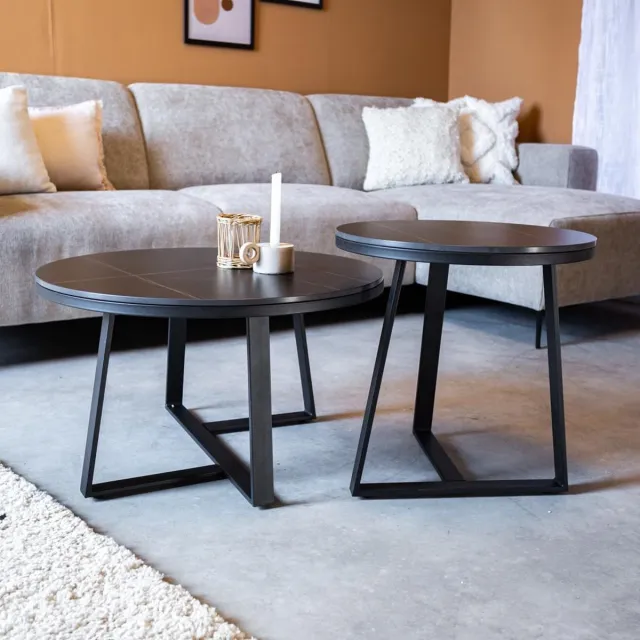 Dimehouse Salontafel Set van 2 Tanner Rond Marmerlook Zwart Rond - 69 x 69 x 40 cm - Marmer - Modern - Rond