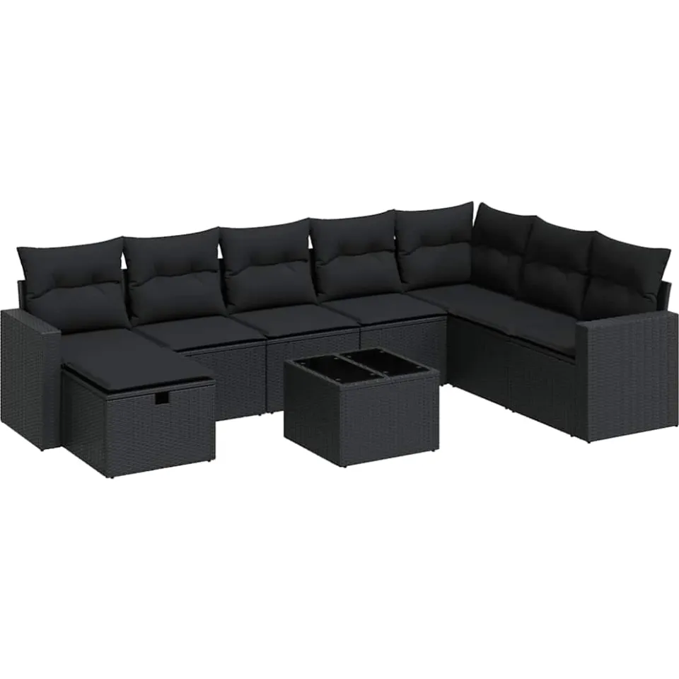 vidaXL 9-delige Loungeset met kussens poly rattan zwart, foto 3