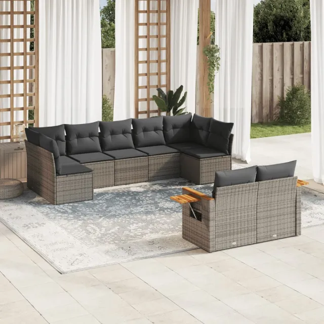vidaXL 9-delige Loungeset met kussens poly rattan grijs, foto 2