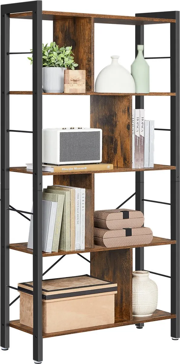 O'DADDY Boekenkast - Opbergkast - Boekenrek - Industrieel Ontwerp - 74 x 30 x 150 cm - Vintage Bruin - Zwart Metaal