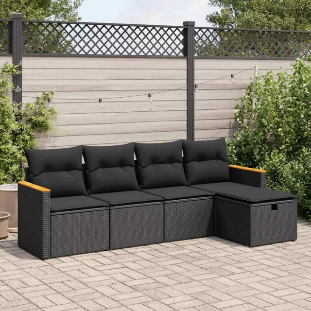 vidaXL 5-delige Loungeset met kussens poly rattan zwart, foto 2