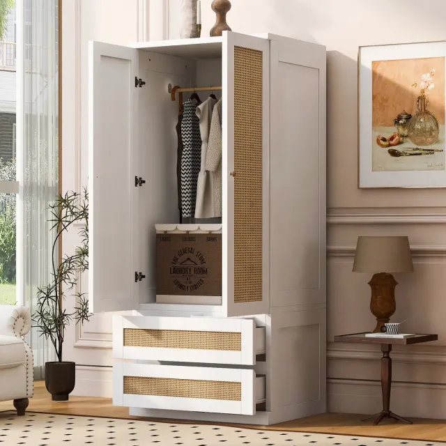 Clruro Kledingkast - 70 x 55 x 170 cm - 2 Deuren met Rotanlook - 2 Lades - MDF - Wit