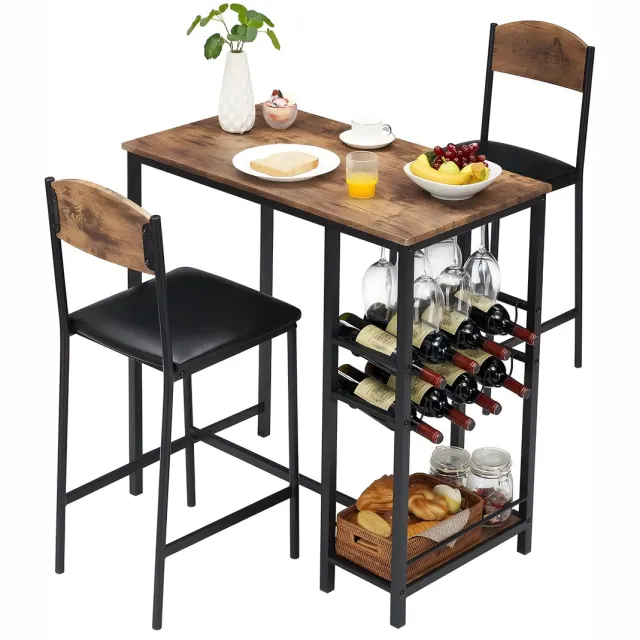 Happiq Bartafelset - Voor Keuken & Eetruimte - 3-delige Bartafel met 2 Gestoffeerde Stoelen en Voetsteunen - Met Opbergplank - Bruin Brown