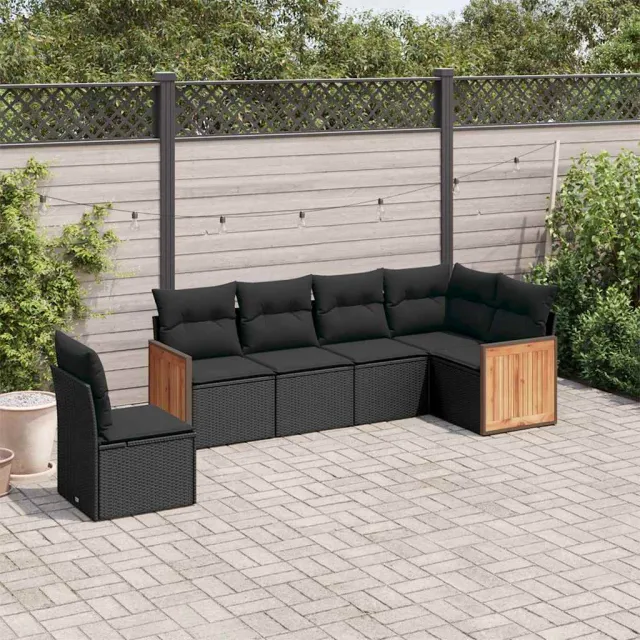 vidaXL 6-delige Loungeset met kussens poly rattan zwart, foto 2