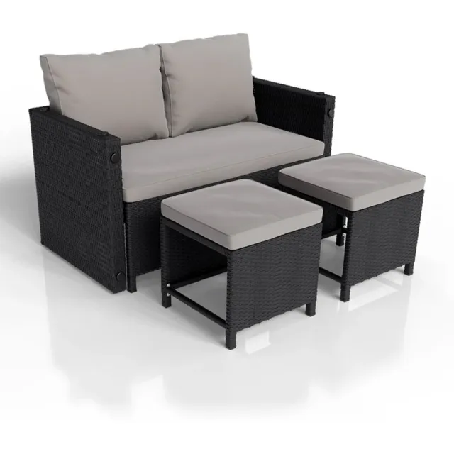 Juskys Loungeset / Tuinset Jamaika - 2-in-1 - Polyrotan - Zwart / Grijs