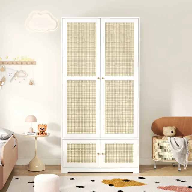 OKWISH Kledingkast – 2 Deuren Met Rotanfront – Met Kledingroede En Legplanken – Slaapkamer – MDF Wit – 90x48x180 cm