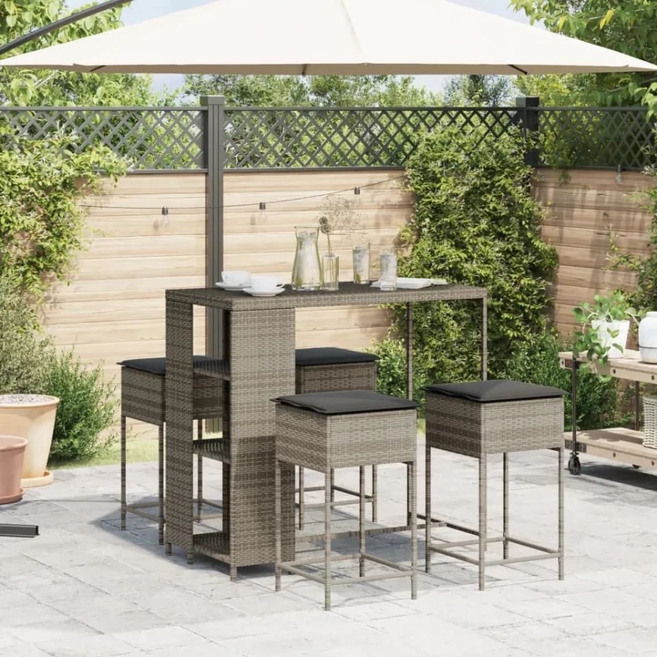 vidaXL 5-delige Tuinbarset met kussens poly rattan grijs, foto 2