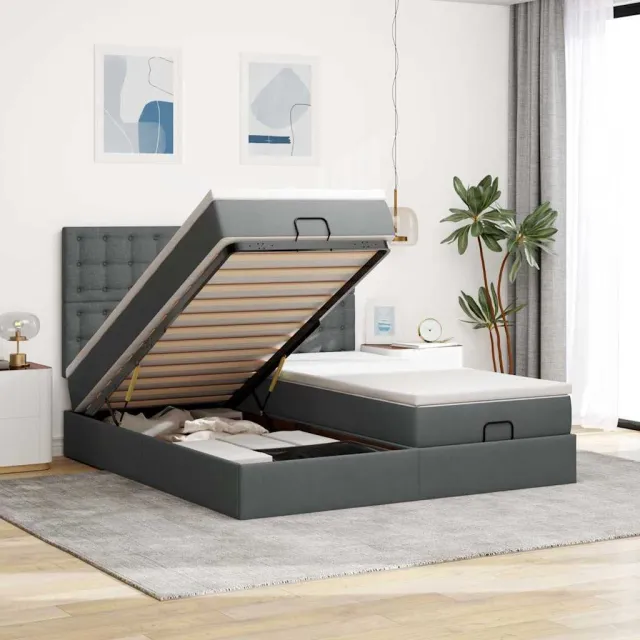 vidaXL Ottoman bed met matrassen en LED's 180x200cm stof donkergrijs grijs