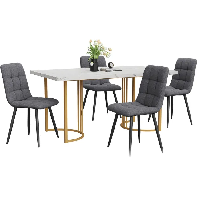 Merax Eetkamer set - 5-delig - 1 eettafel en 4 stoelen - moderne eettafelset - gouden tafelpoten en wit tafelblad - donkergrijze eetkamerstoelen Goud en Donkergrijs