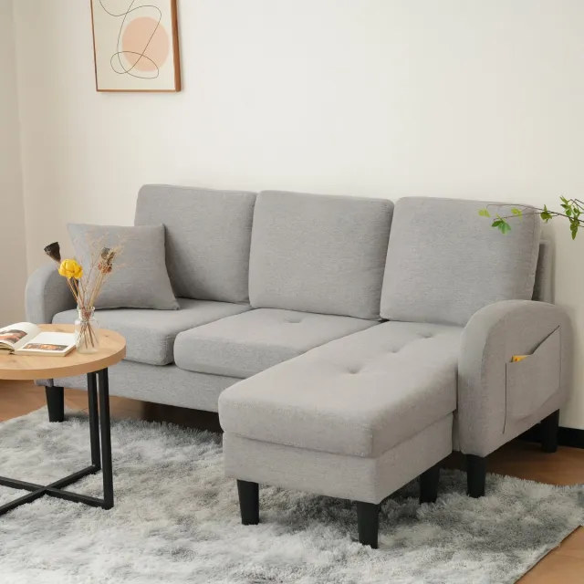 OKWISH Hoekbank - 3-Zits Modulair Sofa Met Chaiselongue - Omkeerbaar, Ademend Katoen-Linnen & Comfortabele Bekleding - 166x118x77 cm - Stof - Grijs Lichtgrijs