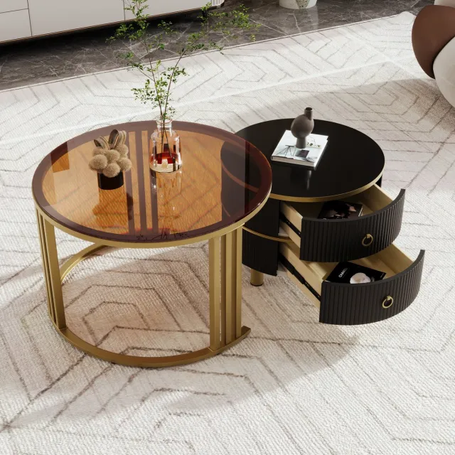 COVREO Salontafel set 70x70 cm zwart en goud, glas en MDF, 2 lades
