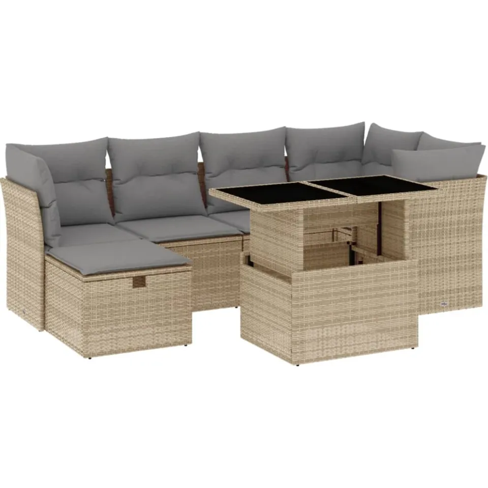 vidaXL 7-delige Loungeset met kussens poly rattan beige, foto 3
