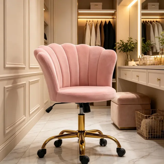 HAUSS SPOLE Bureaustoel - Kappersstoel met Bloemvormige Rugleuning - in Hoogte Verstelbaar en Draaibaar - voor Salon en Thuis - Fluweel - Roze
