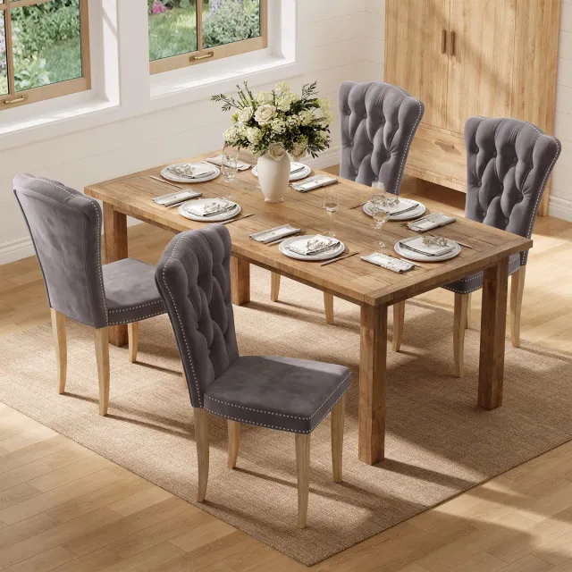 ROSAHQNDA Eetkamerstoelen set van 4 - Donkergrijs eetkamerstoel met fluwelen bekleding - Stoffen keukenstoel met massief houten poten - Moderne stoel voor eetkamer en woonkamer