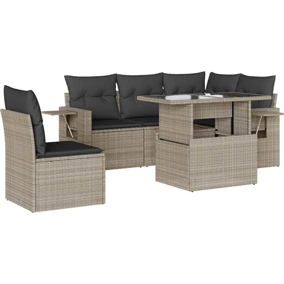 vidaXL 6-delige Loungeset met kussens poly rattan lichtgrijs grijs, foto 3