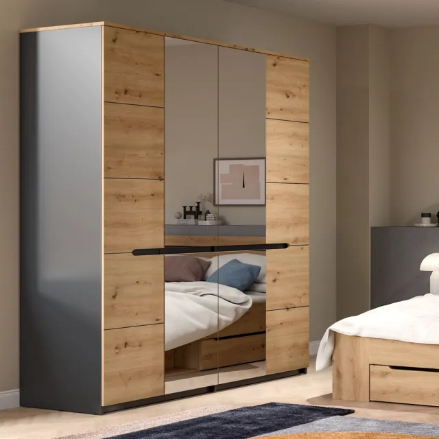 Furnilux Moderne 4-deurs kledingkast met spiegels - Ruime opbergoplossing voor je slaapkamer - 180x198x59cm Bruin