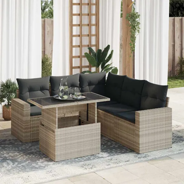 vidaXL 6-delige Loungeset met kussens poly rattan lichtgrijs grijs