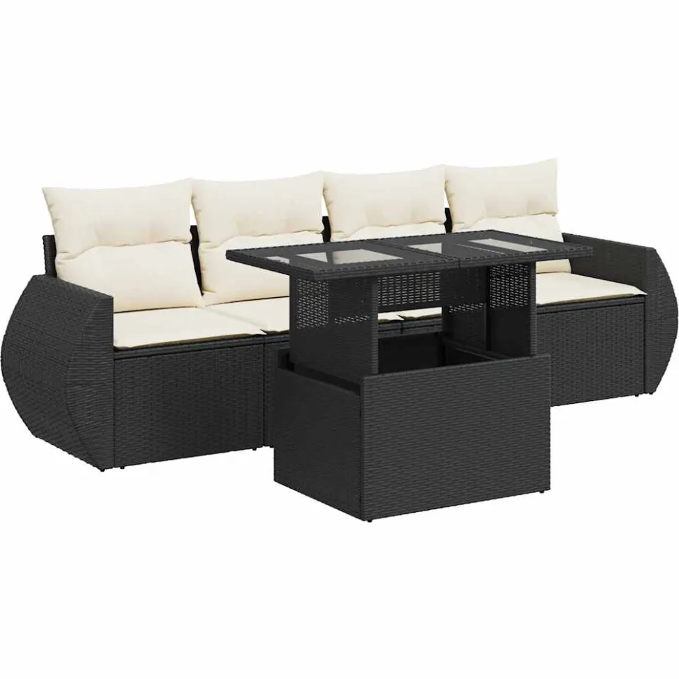vidaXL 5-delige Loungeset met kussens poly rattan zwart, foto 3