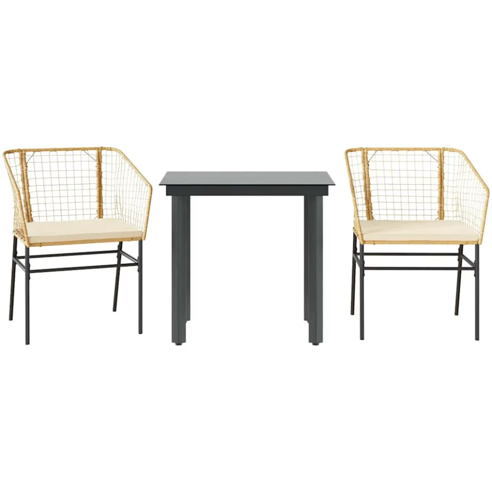 vidaXL 3-delige Tuinset met kussens poly rattan glas bruin