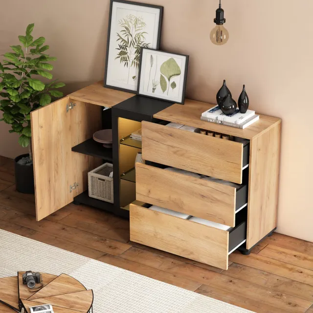 MEUNIQ dressoir 140 x 40 x 80 cm met 3 lades, 1 deur, verstelbare glazen legplanken en appgestuurde RGB-ledverlichting, zwart en bruin Bruin en zwart