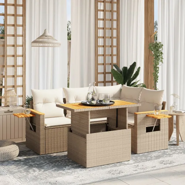 vidaXL 5-delige Loungeset met kussens poly rattan beige, foto 2