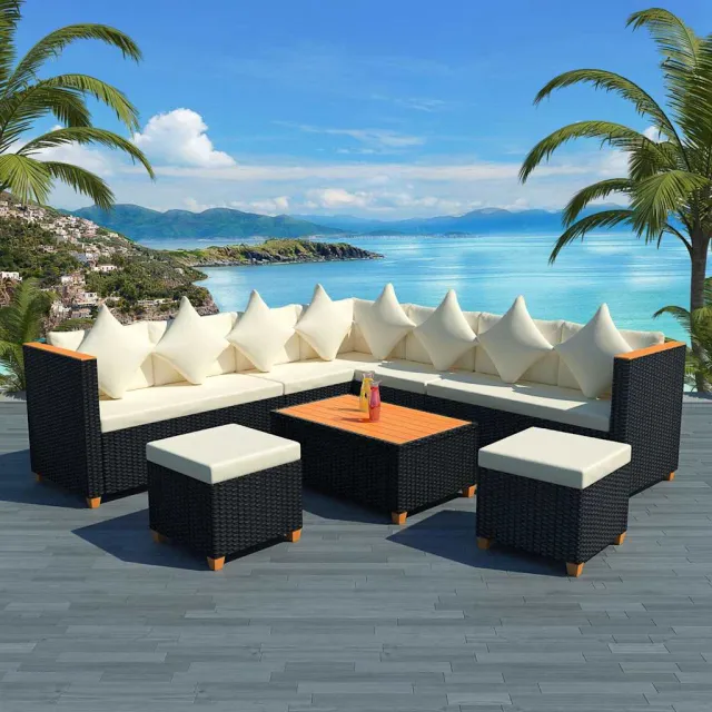 vidaXL 7-delige Loungeset met kussens poly rattan zwart, foto 2