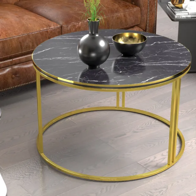 en.casa Salontafel Aulum rond 50x70 cm marmer zwart en goudkleurig