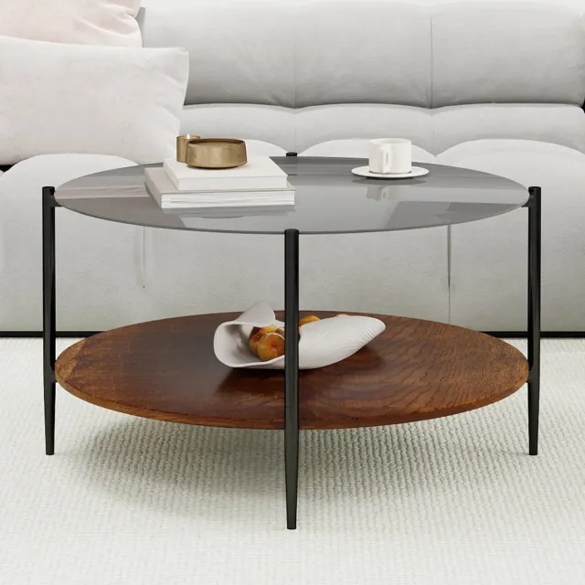 REDOM Salontafel - Rond tweelaags ontwerp met open opbergruimte - Moderne stijl - Woonkamer - Glas, hout, metaal - Zwart, Naturel - 82 x 82 x 45 cm