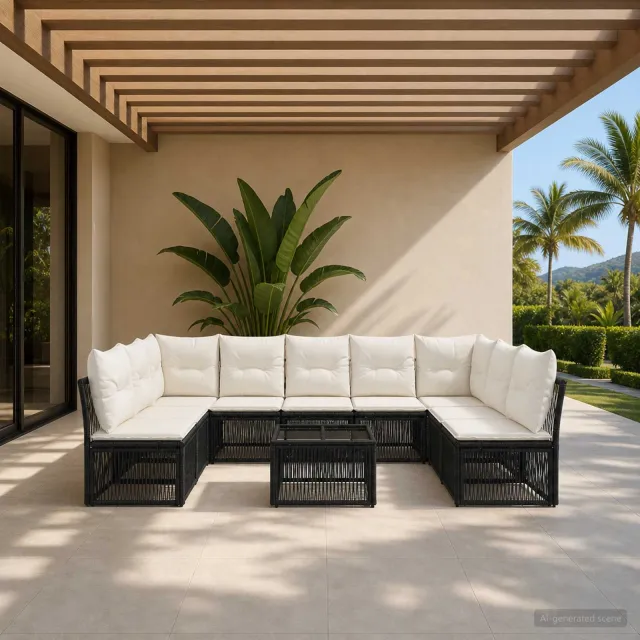 vidaXL Tuinbankenset 10 st 9-zits Zwart poly rattan, foto 2